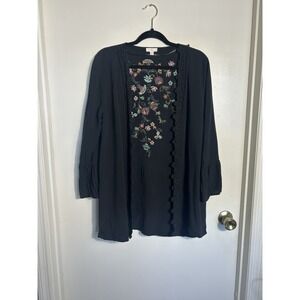 Cato Women's L Black Cardigan Floral Embroidered Crochet Trim Open Front Boho